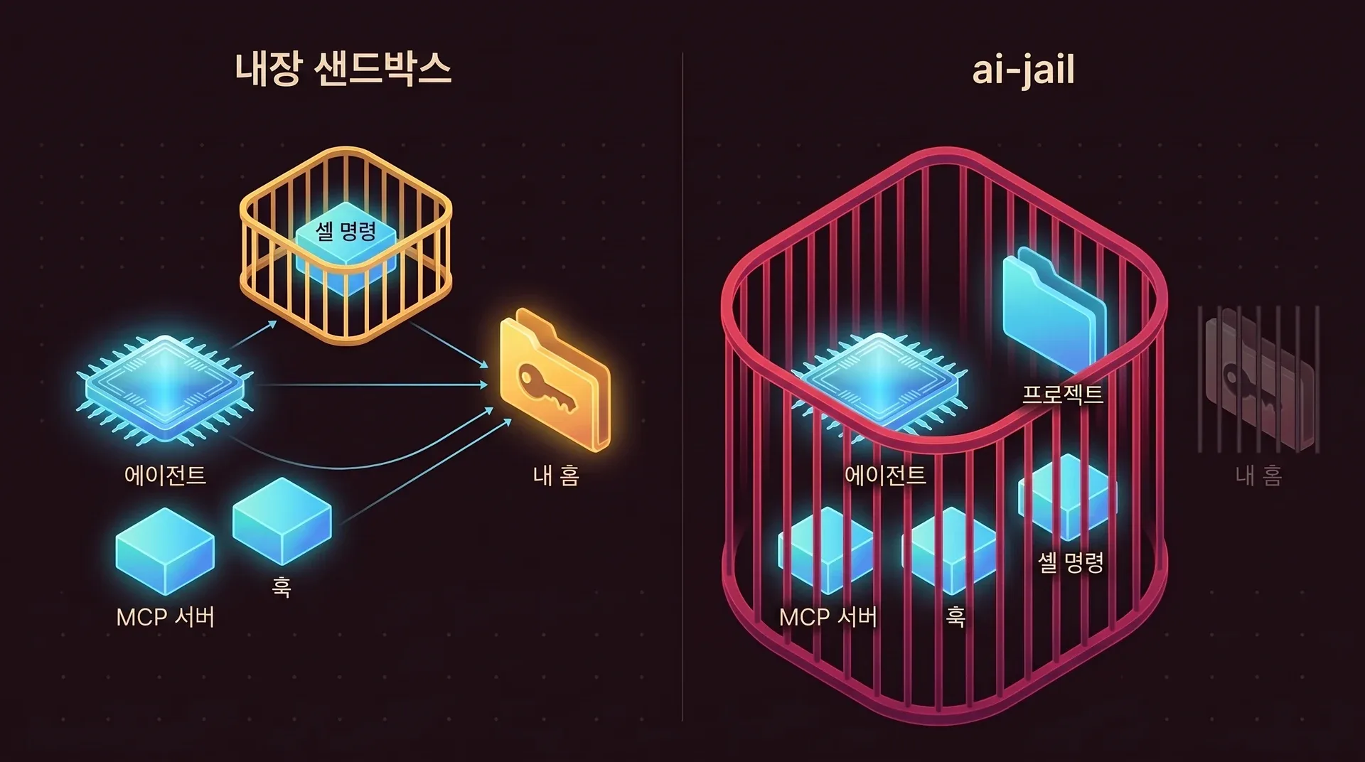 패널 두 개. 왼쪽에서는 내장 샌드박스가 셸 명령만 감싸고, 에이전트와 MCP 서버, 훅은 바깥에서 홈 디렉터리 옆에 있습니다. 오른쪽에서는 ai-jail이 에이전트, MCP 서버, 훅, 셸 명령을 한꺼번에 감싸고, 홈 디렉터리는 벽 바깥에 있습니다.