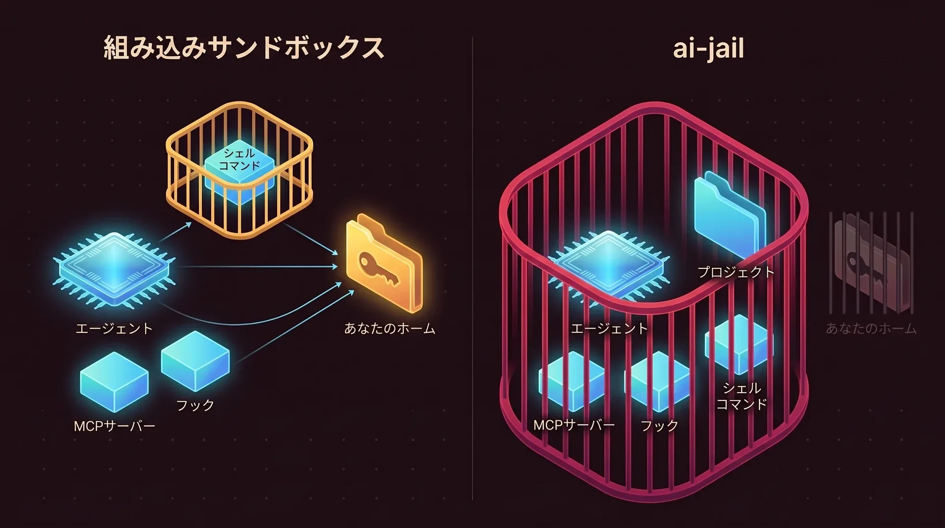 2枚のパネル。左では、組み込みサンドボックスが囲んでいるのはシェルコマンドだけで、エージェント、MCPサーバー、フックはその外、ホームディレクトリの隣にあります。右では、ai-jailがエージェント、MCPサーバー、フック、シェルコマンドをまとめて囲み、ホームディレクトリは壁の外にあります。