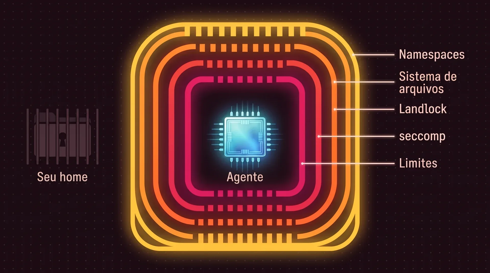 Cinco muros concêntricos em volta de um chip ciano com o rótulo Agente. De fora para dentro: Namespaces, Sistema de arquivos, Landlock, seccomp, Limites. A sua pasta home fica do lado de fora de todos eles, apagada e gradeada.