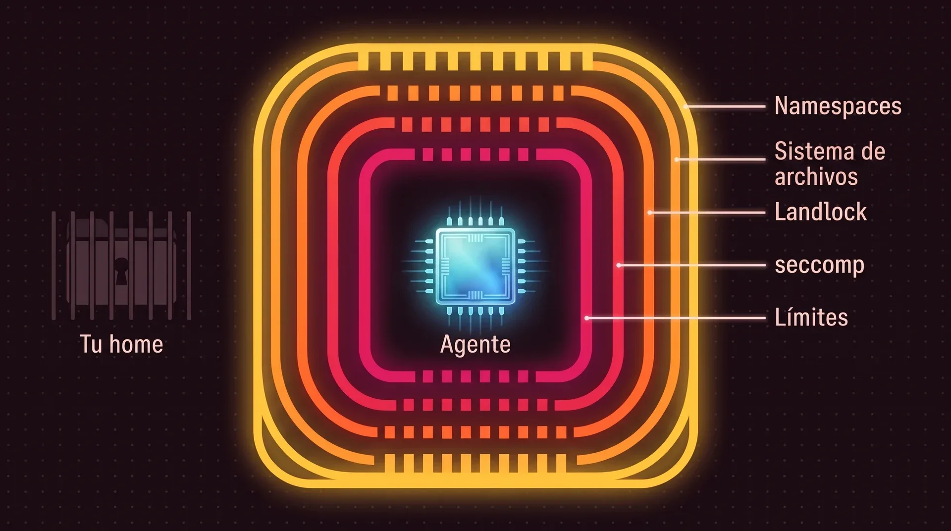 Cinco muros concéntricos alrededor de un chip cian con la etiqueta Agente. De fuera hacia dentro: Namespaces, Sistema de archivos, Landlock, seccomp, Límites. Tu carpeta home queda fuera de todos, atenuada y tras barrotes.