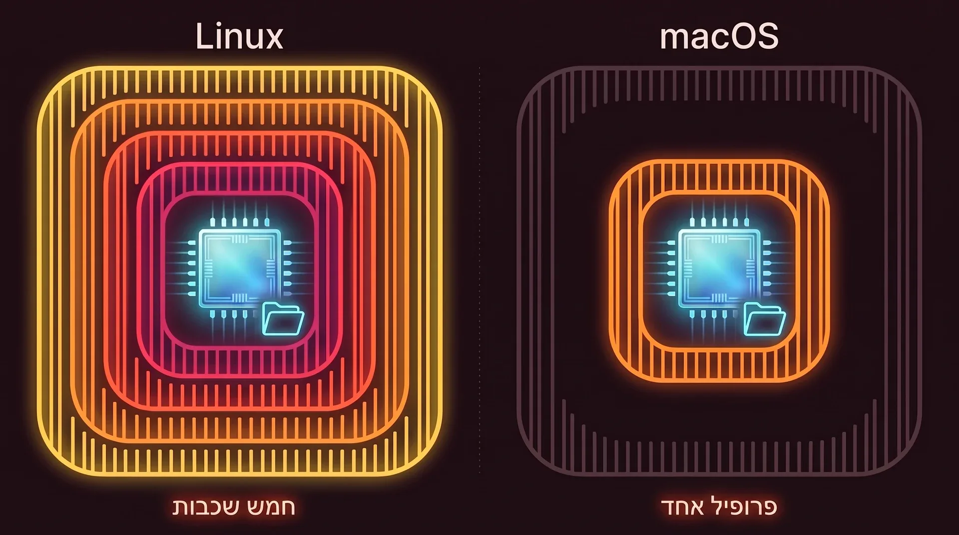 שני חלקים. משמאל, Linux: שבב הסוכן והפרויקט שלו בתוך חמש חומות זו בתוך זו. מימין, macOS: אותו שבב ואותו פרויקט בתוך חומה אחת, עם הכיתוב פרופיל אחד.
