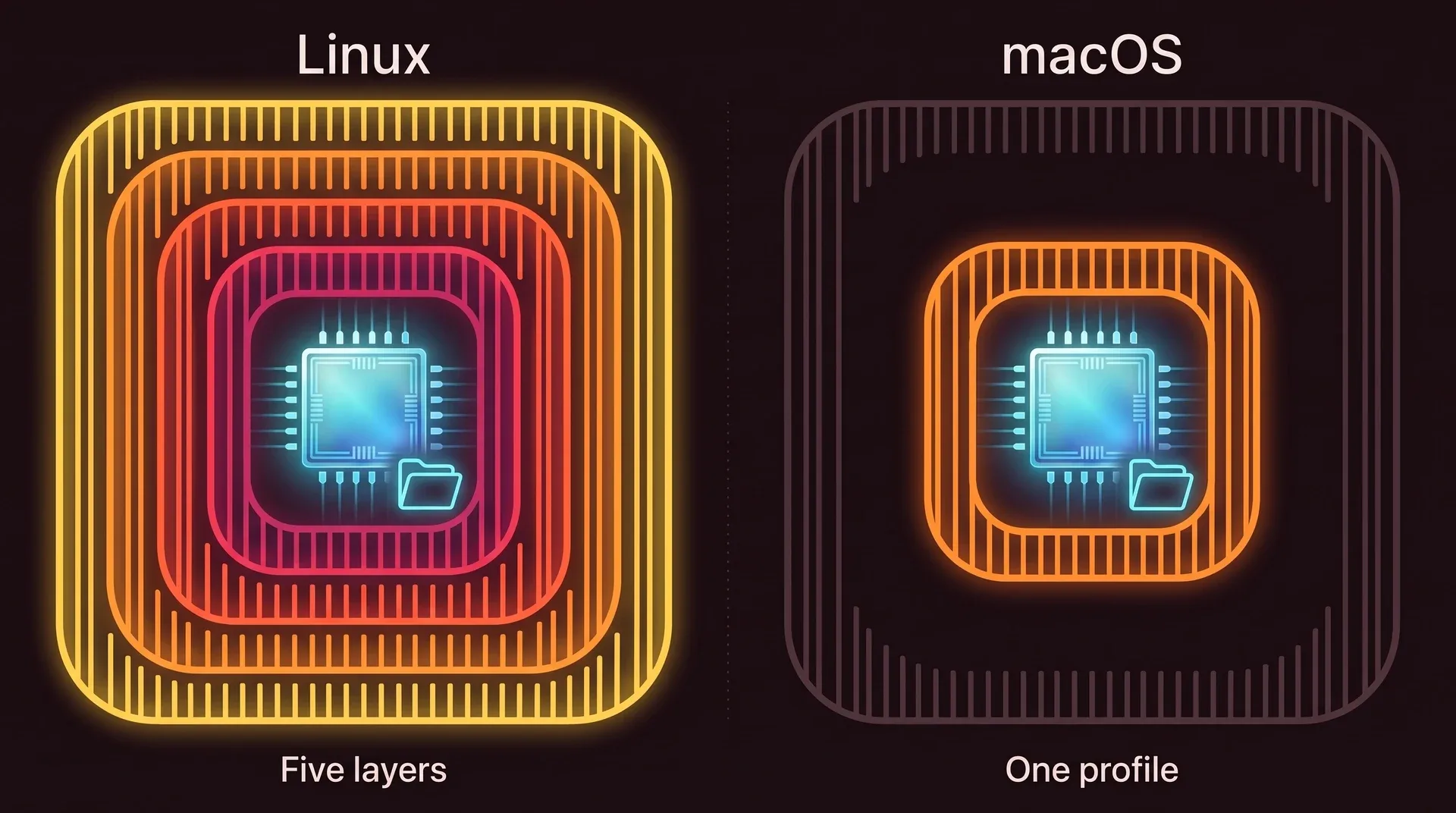 Two panels. On the left, Linux: the agent chip and its project inside five concentric walls. On the right, macOS: the same chip and project inside a single wall, labeled one profile.
