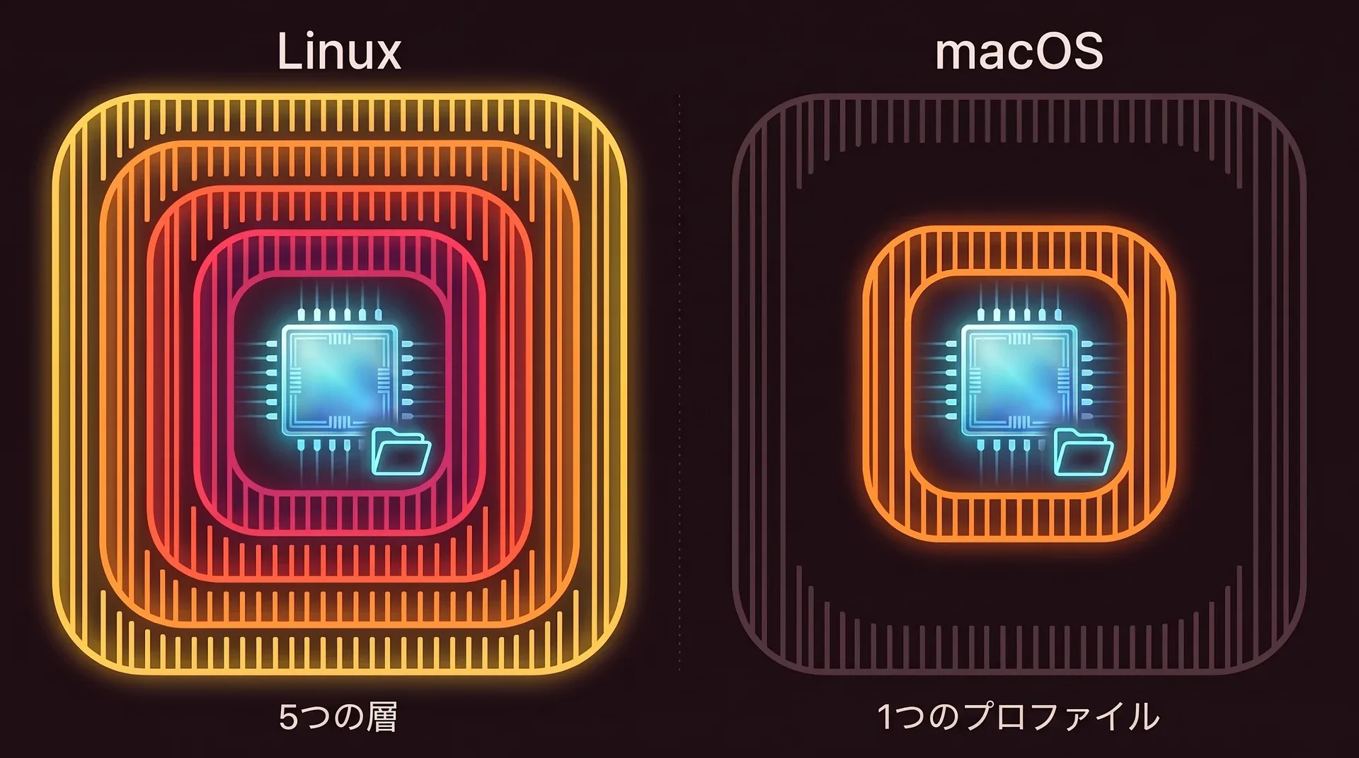2枚のパネル。左はLinuxで、エージェントのチップとプロジェクトが5重の同心の壁の中にあります。右はmacOSで、同じチップとプロジェクトが1枚の壁の中にあり、「1つのプロファイル」と書かれています。