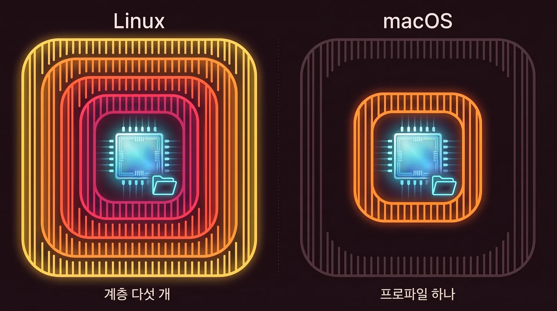 패널 두 개. 왼쪽 Linux에서는 에이전트 칩과 프로젝트가 동심원 벽 다섯 겹 안에 있습니다. 오른쪽 macOS에서는 같은 칩과 프로젝트가 '프로파일 하나'라고 적힌 벽 한 겹 안에 있습니다.