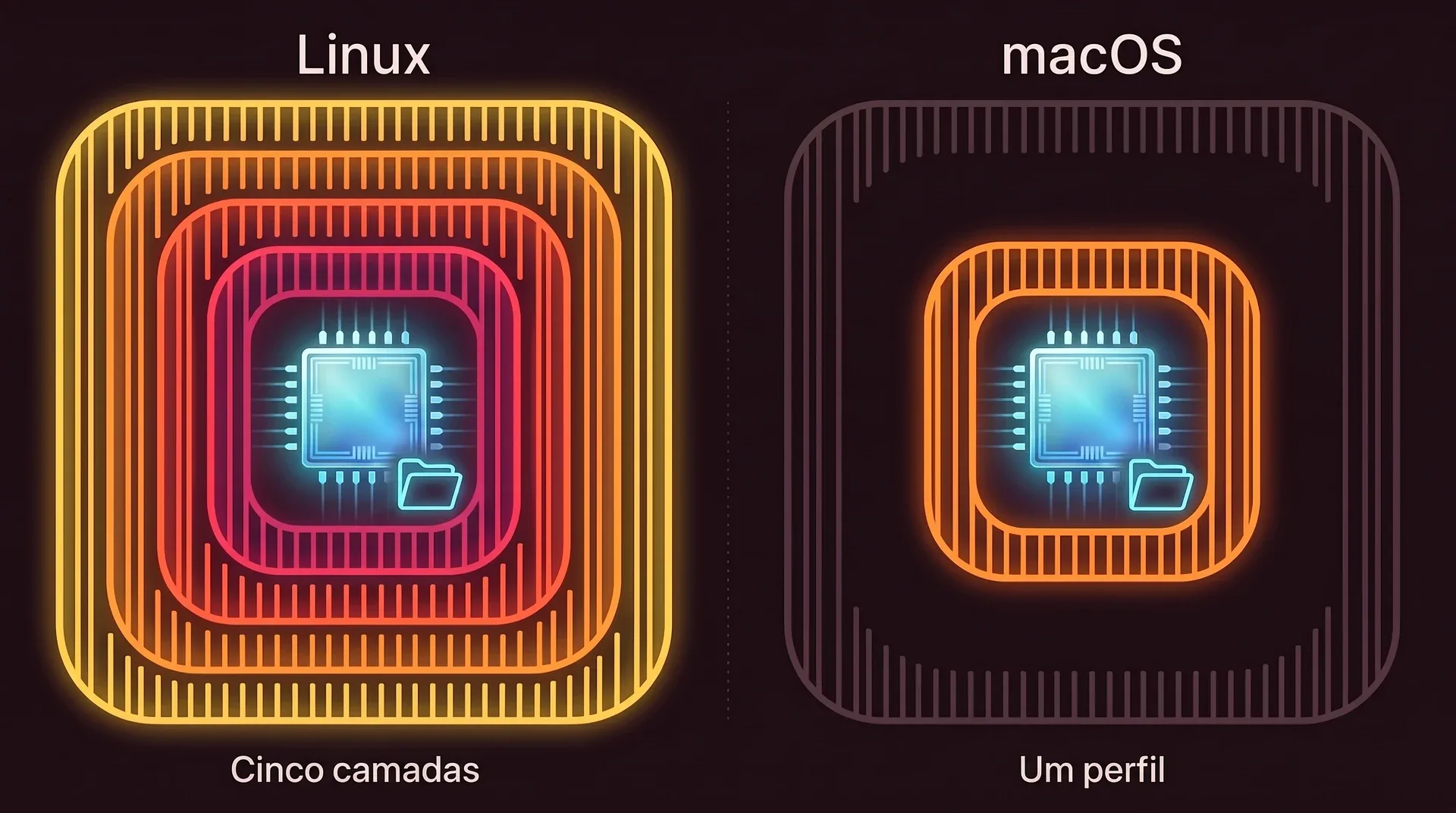 Dois painéis. À esquerda, Linux: o chip do agente e o projeto dele dentro de cinco muros concêntricos. À direita, macOS: o mesmo chip e o mesmo projeto dentro de um único muro, com o rótulo um perfil.
