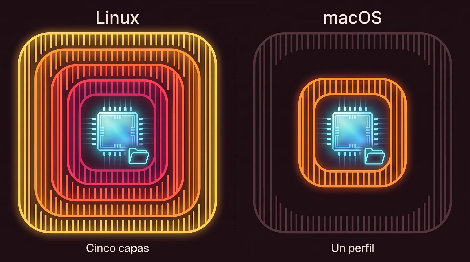 Dos paneles. A la izquierda, Linux: el chip del agente y su proyecto dentro de cinco muros concéntricos. A la derecha, macOS: el mismo chip y el mismo proyecto dentro de un solo muro, con la etiqueta un perfil.
